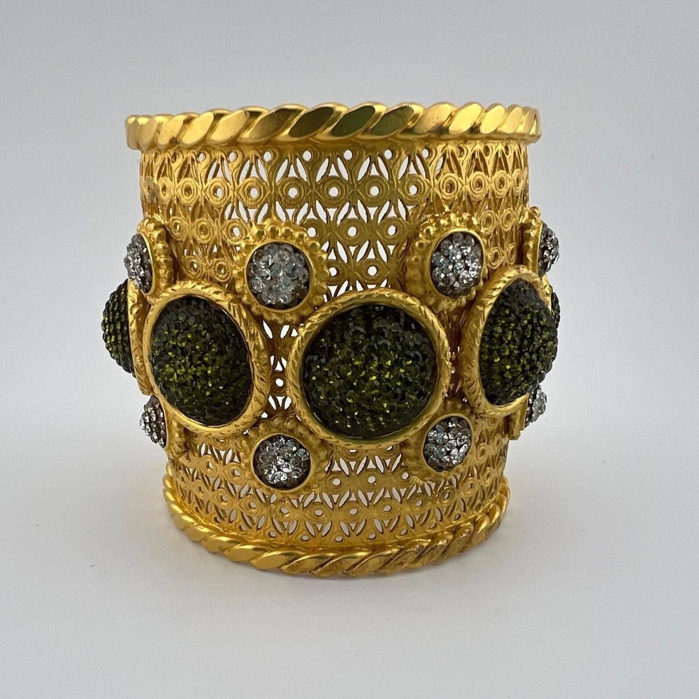 Vintage Deanna Hamro Etruscan Revival Cuff Bracelet Green Crystal 1980s